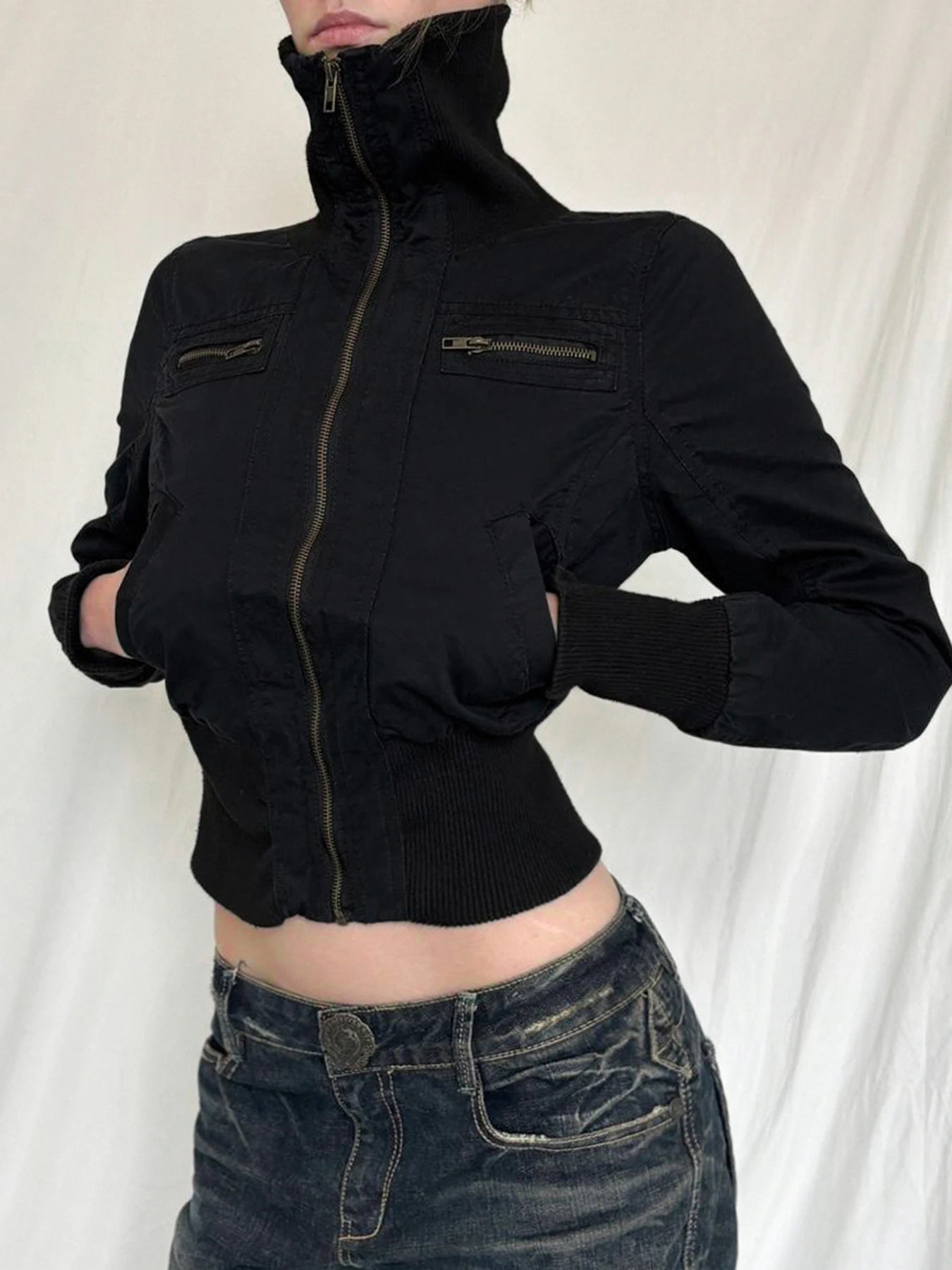 Chaqueta bomber de manga larga ajustada con cuello alto y cremallera negra de estilo callejero coreano para mujer, nueva moda de otoño, prendas de vestir góticas