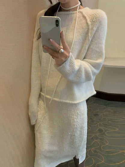 Suéteres casuales de punto con cuello redondo para mujer, suéter coreano holgado liso con tiras finas, prenda de punto elegante de calle para otoño