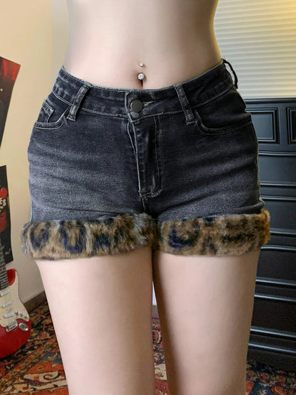 Fashion Y2k Leopard Faux Fur Spliced Jean Shorts Women Chic Trendy Street Shorts Retro Exquisite