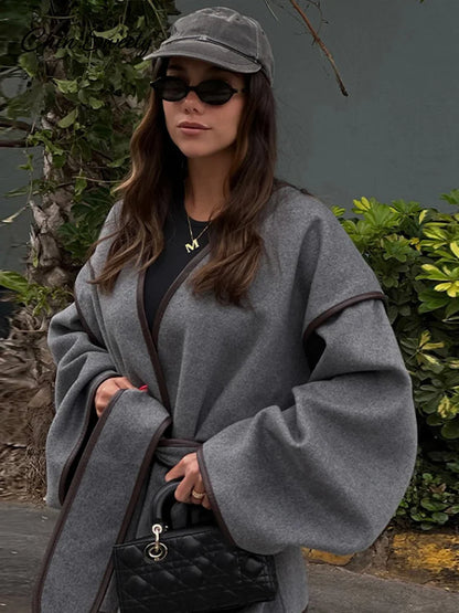 Abrigos elegantes con cinturón de patchwork para mujer, abrigos con escote en V en contraste, manga larga y bolsillos para mujer, novedad de otoño en prendas de vestir exteriores para mujer.