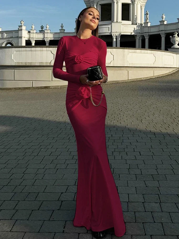Vestido maxi sexy ajustado con fruncido de flores para mujer, manga larga, liso, para fiesta, ropa de calle, elegante, de alta elasticidad.