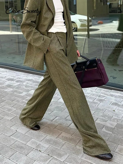 Conjunto elegante de abrigo y pantalón para mujer, moda de solapa, manga larga, blazer de un solo pecho, pantalones de pierna ancha, conjunto de 2 piezas para mujer, conjuntos holgados.