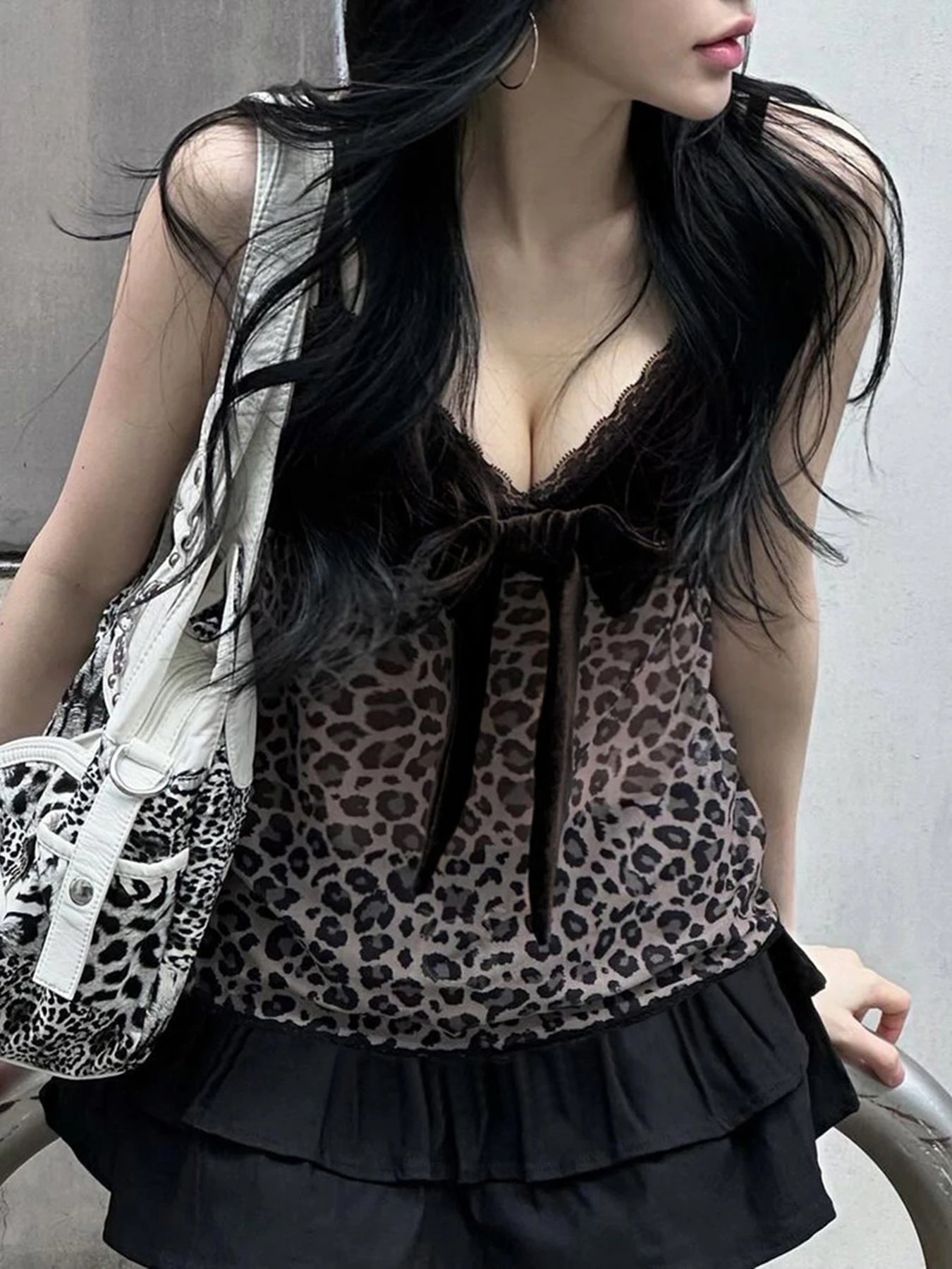 Bow Lace Up Leopard Halter Tops Sexy Y2k Velvet Lace Trim V-Neck Camisole Hotsweet Chic s Clothing Streetwear