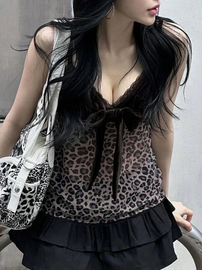 Bow Lace Up Leopard Halter Tops Sexy Y2k Velvet Lace Trim V-Neck Camisole Hotsweet Chic s Clothing Streetwear