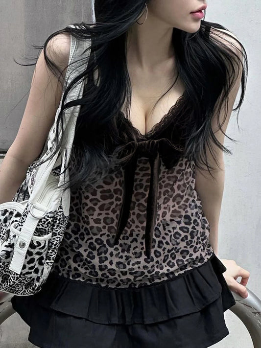 Camisola sexy con cuello en V y ribete de encaje de terciopelo Y2k con lazo y estampado de leopardo, ropa de calle elegante y chic