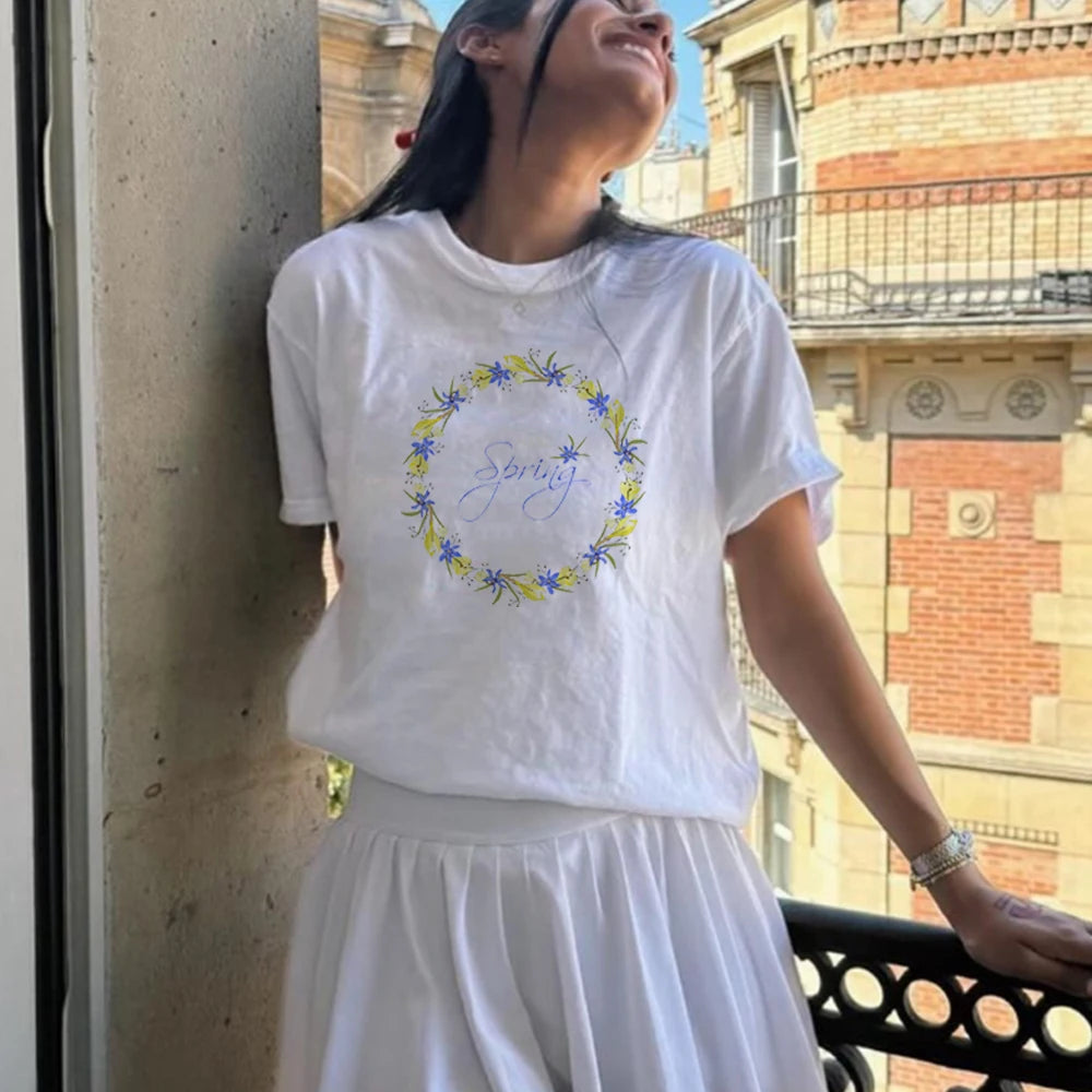 Camiseta de manga corta con cuello halter para mujer, estilo Y2K, con texto artístico, nueva temporada de estampado callejero de Europa y Estados Unidos