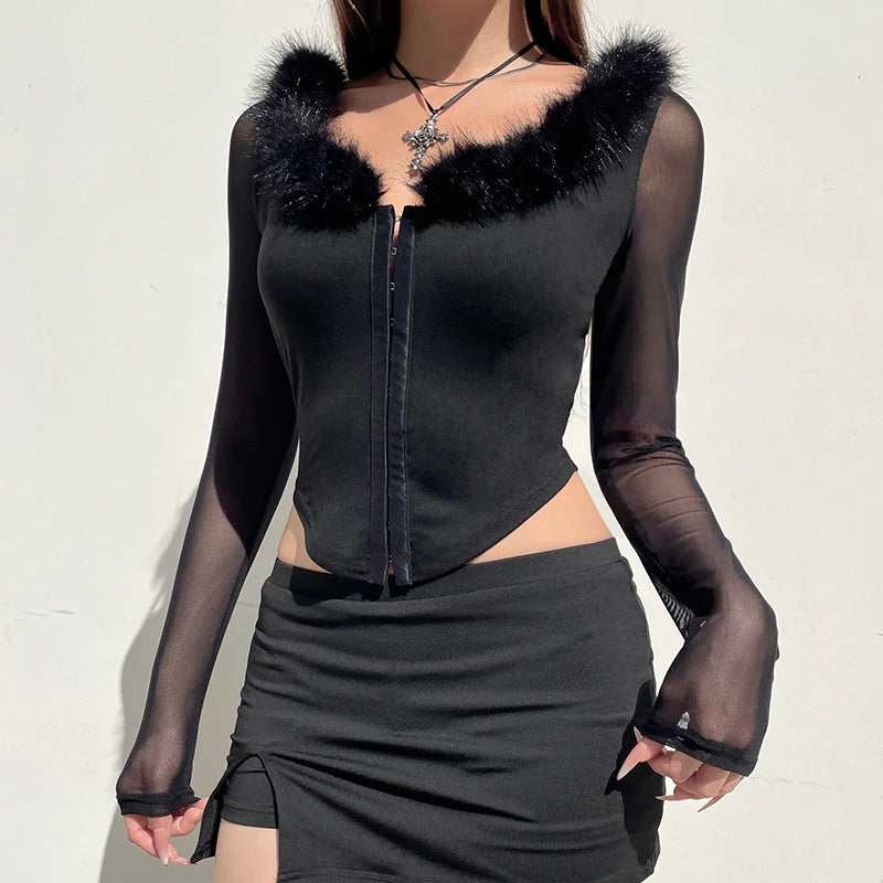 Top corto de cuello redondo peludo con retazos para mujer, camiseta de malla Y2K de manga larga con hebilla de gancho ajustada, conjuntos de moda sexy para dama