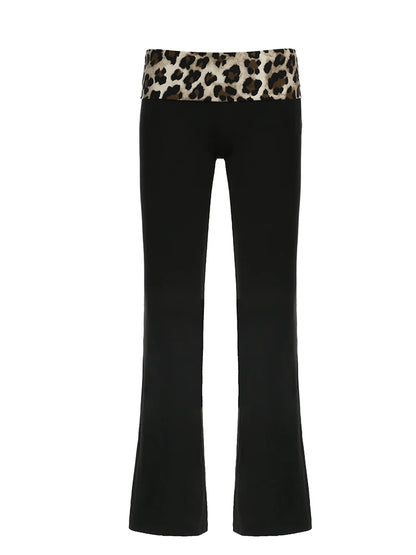 Pantalones acampanados Y2K de cintura baja con estampado de leopardo y retazos para mujer, pantalones negros ajustados y sexis de estilo urbano para chica mala