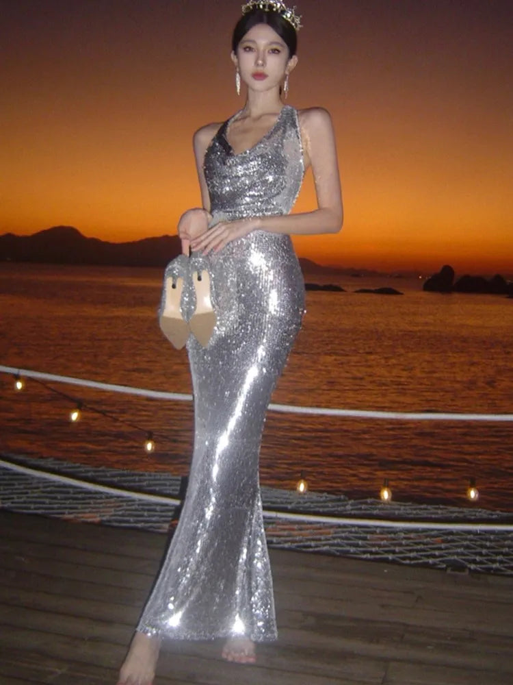 Vestido de fiesta de noche sexy ajustado con lentejuelas, escote en V, espalda descubierta, sin mangas, para boda, sirena, largo, nuevo