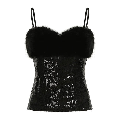 Camisola Y2k Baddie con lentejuelas y cuello falso para mujer, sin mangas, lisa, ajustada, a la moda, sexy, Gyaru