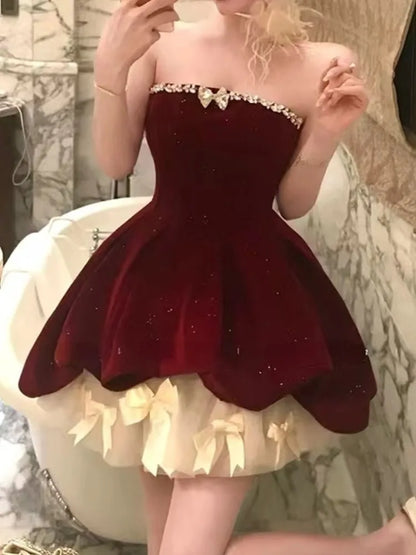 Fashion New Women Vintage Velvet Party Dress Sleeveless Elegant Mesh Patchwork Christmas Short Dress Female Clothes Vestidos