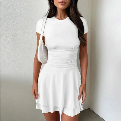 Fashion Folds Ruffled Mini Dress For Women Summer New Solid Color Short Sleeves Female Clubs Party Sexy Slim Fit Dress