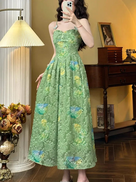 Vestido de verano de una pieza con estampado floral y tirantes finos, estilo coreano, de cintura alta y mangas cortas, para mujer
