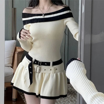 Minivestidos de punto informales ajustados Y2K para mujer, con hombros descubiertos, elegantes, de moda coreana, vestido de fiesta corto con cinturón, ropa nueva de otoño