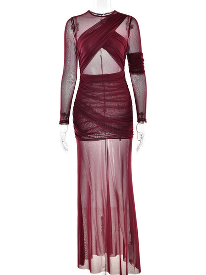 Elegante vestido de noche ajustado de manga larga con retazos de malla para fiesta y club, vestido sexy de doble capa con perspectiva, ropa de otoño
