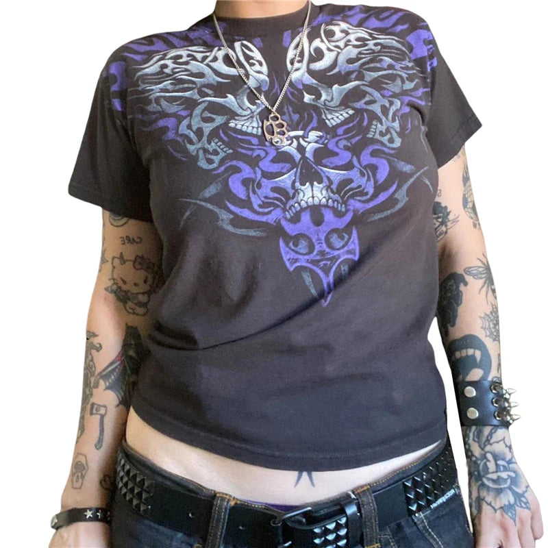 Camiseta Cyber Y2K de los años 2000 para mujer, con estampado de calavera, cuello redondo, manga corta, ropa estética para chicas E, ropa gótica para centro comercial, ropa urbana