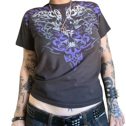 Camiseta Cyber Y2K de los años 2000 para mujer, con estampado de calavera, cuello redondo, manga corta, ropa estética para chicas E, ropa gótica para centro comercial, ropa urbana