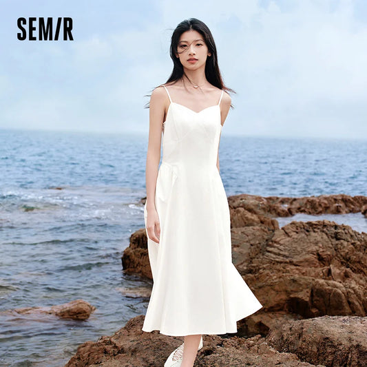 Dress Women Slimming V-Neck Solid Color Elegant And Fashionable  Summer New Vintage Pure Cotton Slip Dress