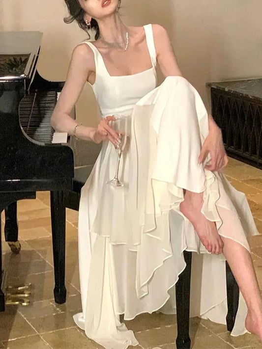 Vestidos elegantes para mujer, vestido de fiesta de noche con volantes, sin mangas, cuello cuadrado, línea A, liso, nuevo vestido de fiesta de verano, vestido coreano