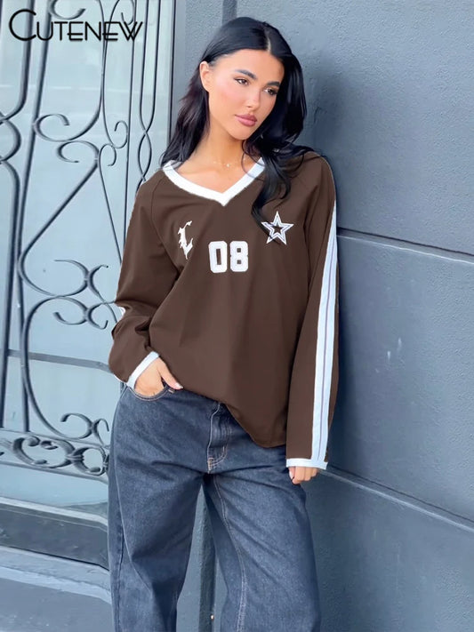 Camisetas de fútbol para mujer, camisetas de otoño con estampado a rayas, manga larga, cuello en V, tops oversize para mujer, ropa de calle informal activa