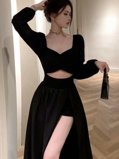 Elegante vestido negro largo para mujer, manga larga, cuello cuadrado, abertura alta, vestido de fiesta de noche, vestido de graduación, vestidos para mujer