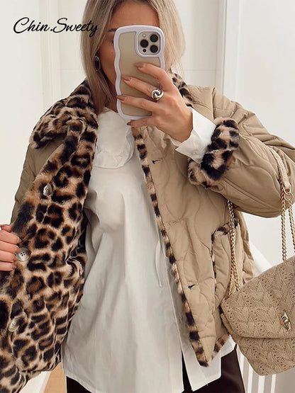 Parkas acolchadas de leopardo de doble cara para mujer, abrigo vintage de polar con solapa y botones, de manga larga, ropa de abrigo gruesa y cálida para mujer 2025