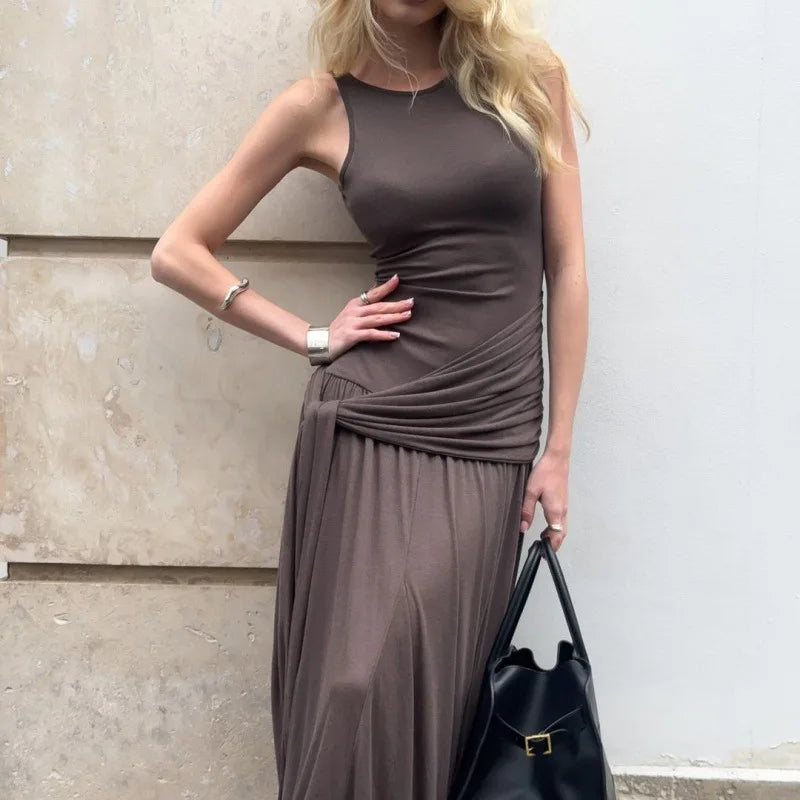 Vestido ajustado con volantes y cinta de moda para mujer, sin mangas, estilo urbano, largo, liso, para otoño, para fiesta en club