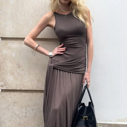 Vestido ajustado con volantes y cinta de moda para mujer, sin mangas, estilo urbano, largo, liso, para otoño, para fiesta en club