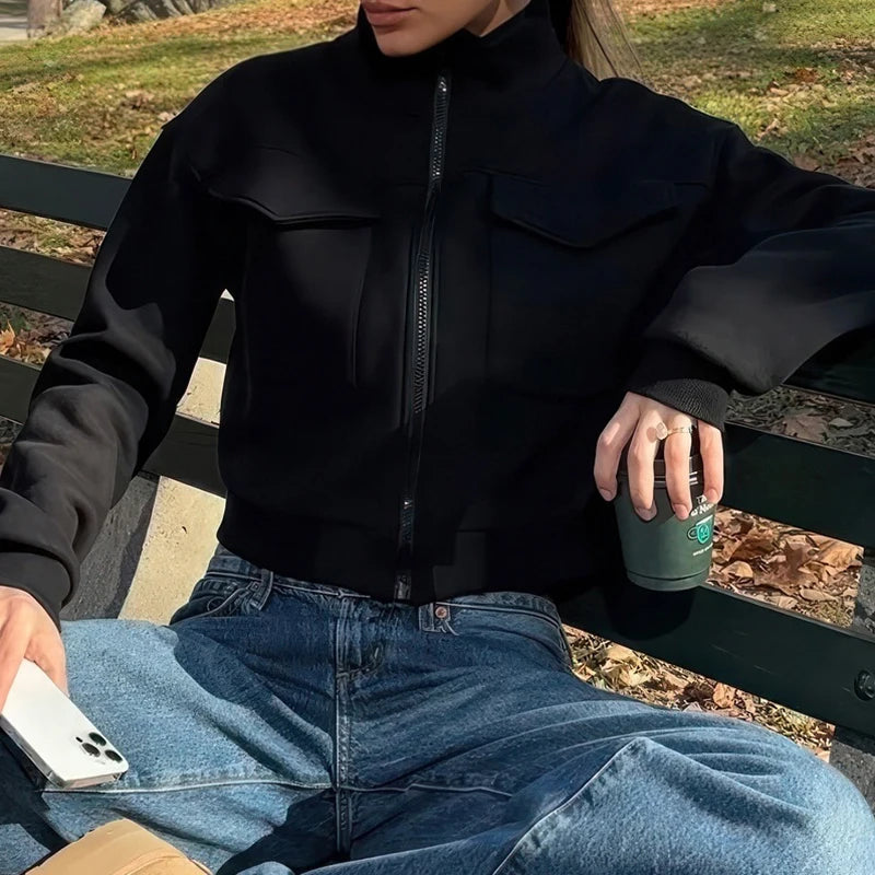 Women Pocket Sweatshirt Casual Solid Color Zipper Crop Jacket Autumn Outfits Turtleneck Fashion Y2K Coat Streetwear