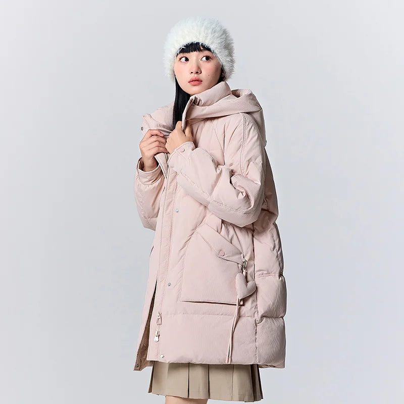 Down Jacket Women Medium Long Hooded Texture Winter Loose  New Gentle Sweet Love Thick Jacket
