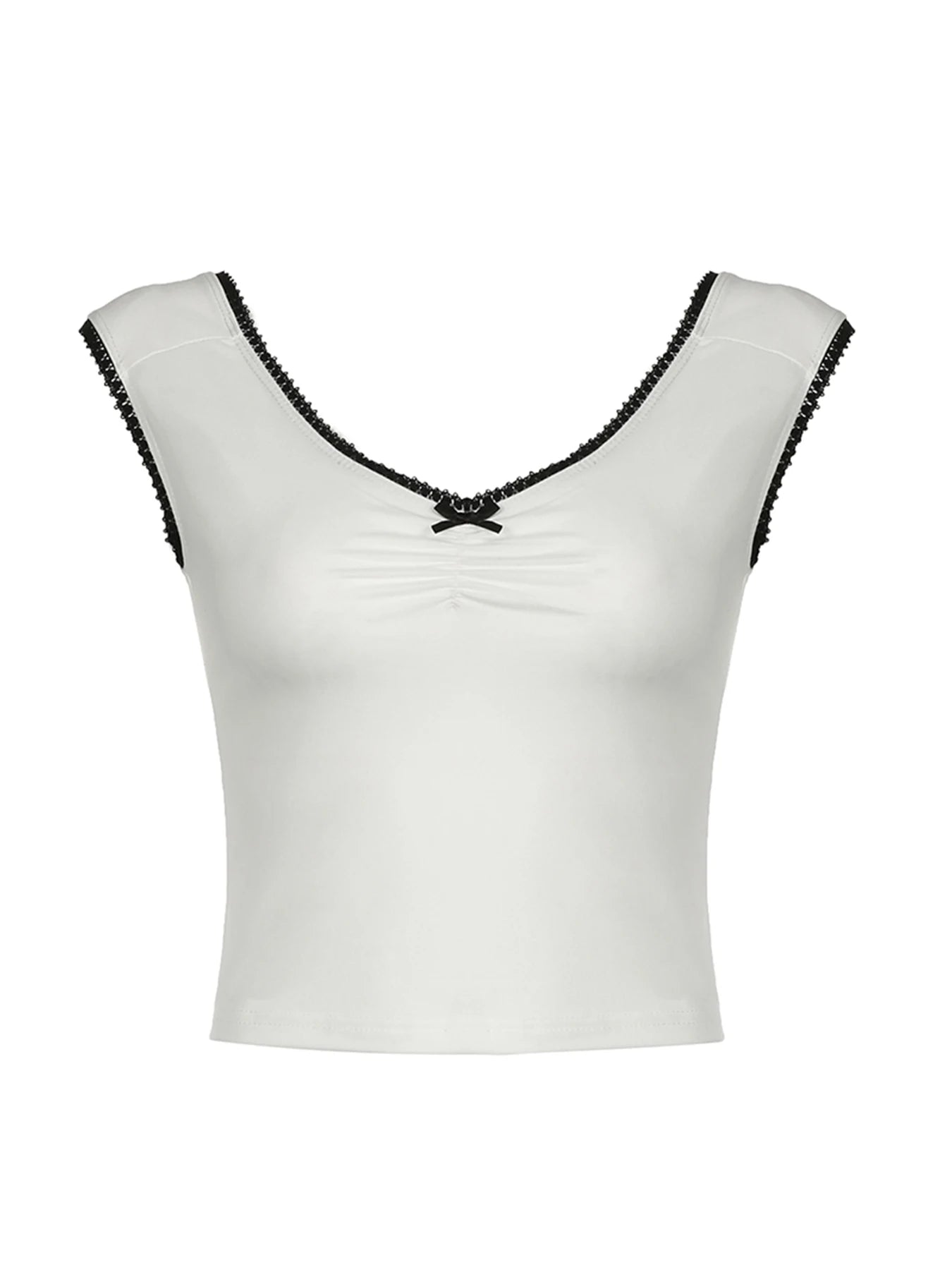 Contrast Binding Ruched V Neck Short Sleeve Y2K T Shirt Women Cute 2000s Clothes