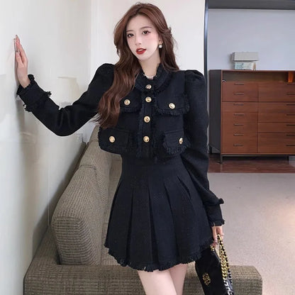 Elegante traje de tweed de dos piezas, conjunto de falda, otoño invierno, nuevo estilo francés, chaqueta corta, abrigo, minifalda, moda coreana, trajes femeninos