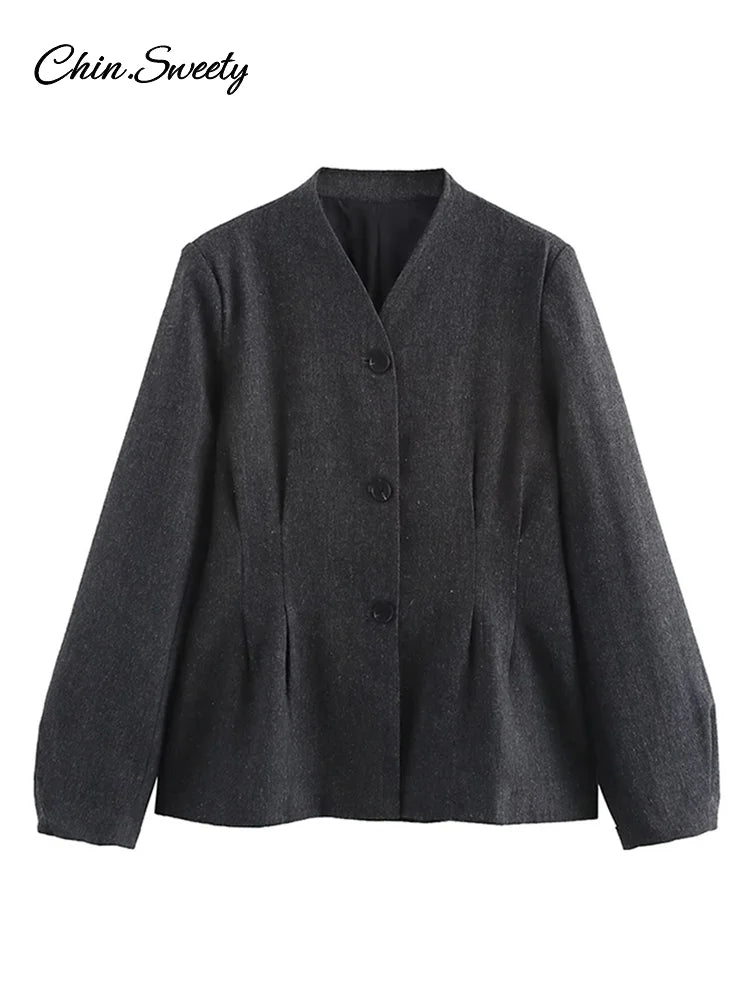 Elegant Single-breasted Blazer Coat Women 2025 Spring Long Lantern Sleeve Suit Jacket Female 2025 Vintage Office Lady Outerwear