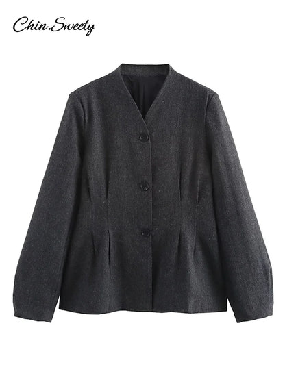 Elegant Single-breasted Blazer Coat Women 2025 Spring Long Lantern Sleeve Suit Jacket Female 2025 Vintage Office Lady Outerwear
