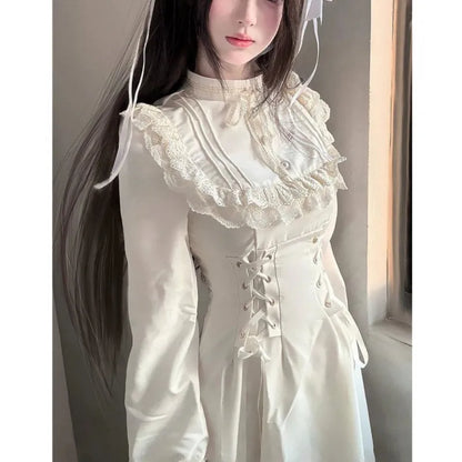 Vestidos midi estilo japonés Kawaii con cordones para mujer, vestido de fiesta de princesa, manga larga, cuello redondo, cintura alta, Y2K, vestidos góticos para mujer
