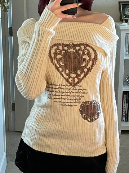 Suéter blanco de otoño e invierno para mujer, nuevo jersey de manga larga Y2k con estampado de corazón retro y hombros descubiertos, jersey ajustado y sexy