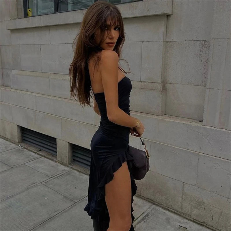 Europa y Estados Unidos estilo Y2K primavera moda tendencia mujer nueva línea hombro pecho bolso trasero delgado vestido irregular