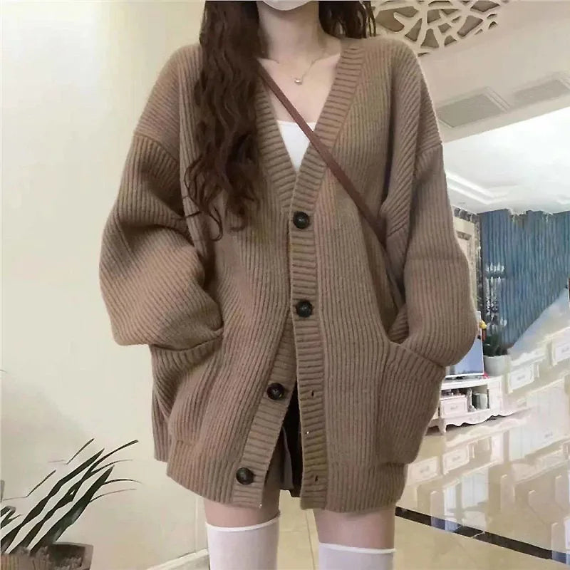 Cárdigan de otoño e invierno para mujer, suéter, abrigo, moda femenina, manga larga, cuello en V, chaquetas de punto sueltas, suéteres casuales, cárdigans