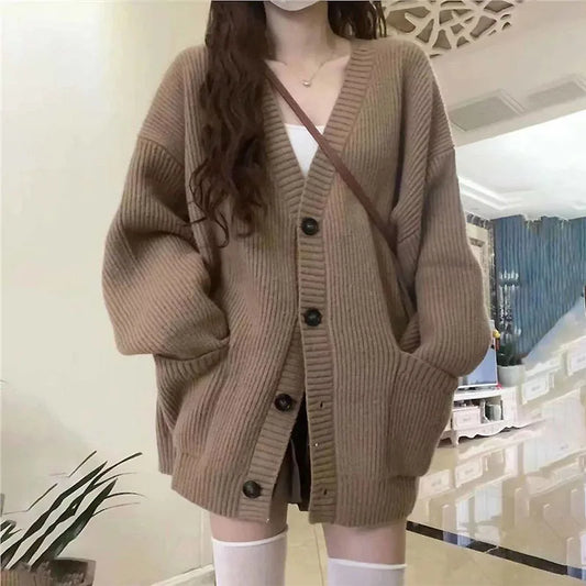 Cárdigan de otoño e invierno para mujer, suéter, abrigo, moda femenina, manga larga, cuello en V, chaquetas de punto sueltas, suéteres casuales, cárdigans