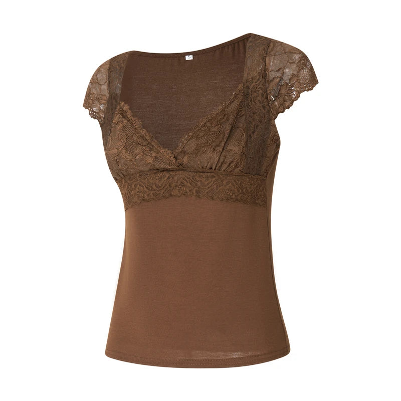 Tops cortos de encaje marrón con estética vintage para mujer, camiseta de manga corta con cuello en V, ropa grunge de hadas Y2K, ropa urbana de los años 2000