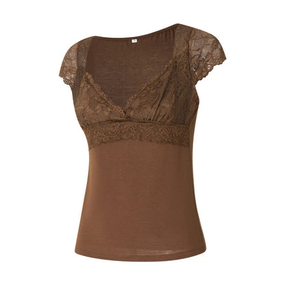 Tops cortos de encaje marrón con estética vintage para mujer, camiseta de manga corta con cuello en V, ropa grunge de hadas Y2K, ropa urbana de los años 2000