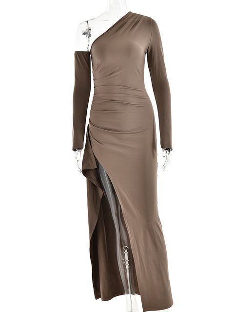 Autumn Sexy Fashion Long Sleeve High Split Women’s Dress Oblique Shoulder Elegant Party Club Long Slim Fit Evening Dress