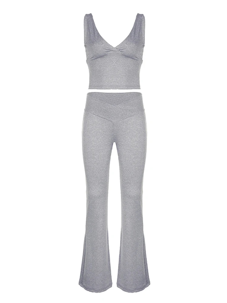 Gray Slim Sleeveless V Neck Vest And V Shape Waist Flared Leggings 2 Pieses Pants Sets Womens Summer Baddie Outfits