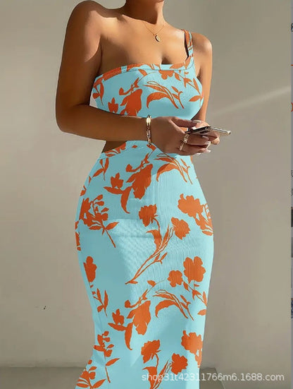 Vestidos estampados de un solo hombro con tirantes finos para mujer, vestidos sexis con abertura en la espalda, paquete de cadera, vestido ajustado, moda para dama, vestidos modernos para mujer