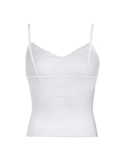 Black Solid Lace Patchwork Slim V Neck Basic Cute Camisole Women White Y2K Crop Top