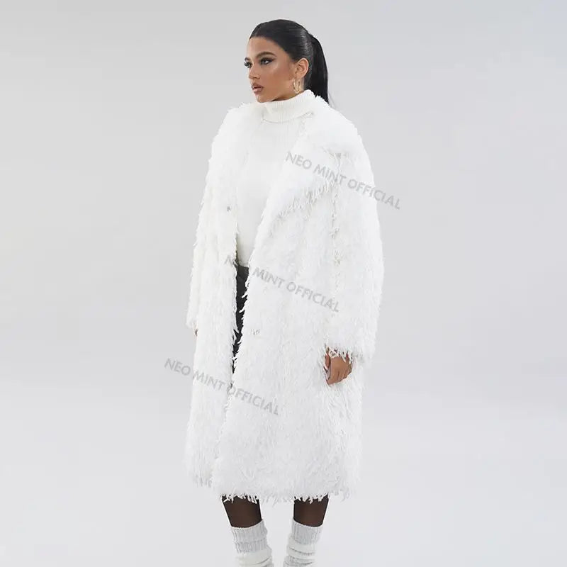 Abrigo de piel ecológica con plumas de High Street para mujer, chaqueta de piel sintética de zorro con solapa de invierno, abrigo largo y esponjoso liso para mujer