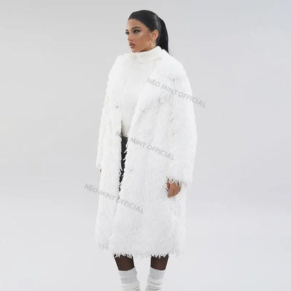 Abrigo de piel ecológica con plumas de High Street para mujer, chaqueta de piel sintética de zorro con solapa de invierno, abrigo largo y esponjoso liso para mujer