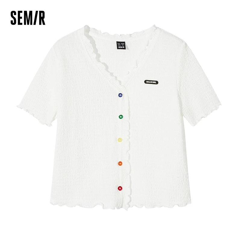 Short-Sleeved T-Shirt Women Short Textured Earrings Summer New Tight Knitted Cardigan Coat Tops
