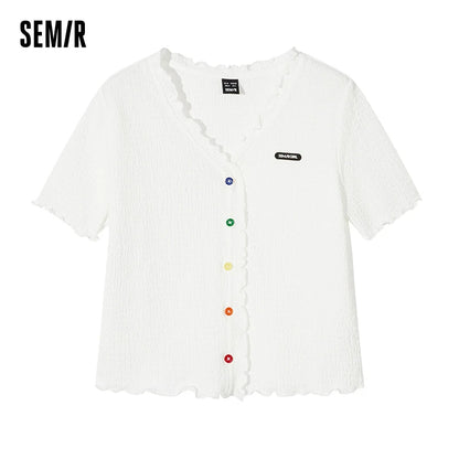 Short-Sleeved T-Shirt Women Short Textured Earrings Summer New Tight Knitted Cardigan Coat Tops