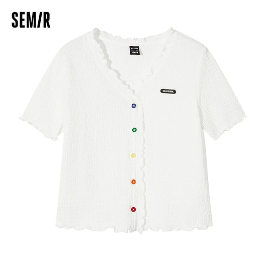 Short-Sleeved T-Shirt Women Short Textured Earrings Summer New Tight Knitted Cardigan Coat Tops